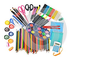 Collection of school supplies, isolated on pure white background