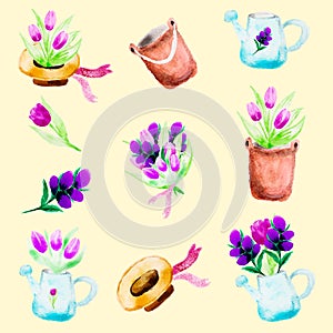 Collection of scrapbook watercolor elements with flowers, watering can and straw hat. Vector set of cute spring cartoon