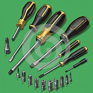 A collection of screwdrivers and interchangeable bits on a green background. The