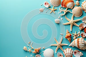 collection of sea shells and starfish on a blue background top view with copy space, summer flat lay frame design