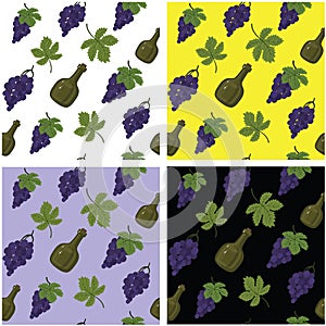 Collection of seamless abstract patterns featuring wine products, bottles, grapes, grape leaves