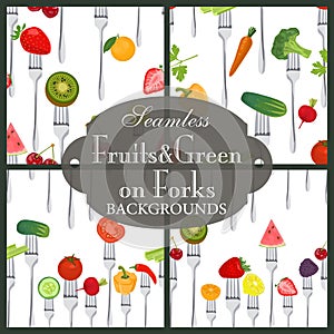 Collection of seamless backgrounds on the topic of fruits and vegetables on forks