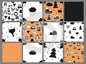 Collection of seamless children patterns. Vector hand-drawn black and white baby Scandinavian illustration. Pattern for banner, po
