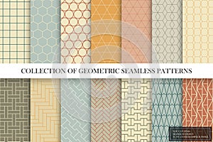 Collection of seamless colorful ornamental geometric patterns. Trendy vector oriental vintage backgrounds. Grid textures