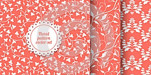 Collection of seamless coral pink floral patterns. Living Coral - 2019 Color of the Year. White laves and flowers vector texture.