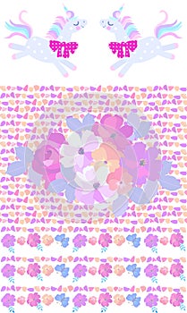 Collection of seamless and endless ornaments with petals, bunch of flowers and frolic unicorns on white background