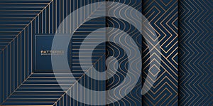 Collection of seamless geometric golden blue minimalistic patterns. Simple vector graphic navy blue color print background. Gold