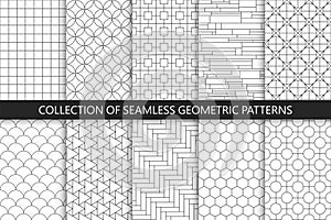 Collection of seamless geometric patterns. Simple vector backgrounds. Countur striped gray design