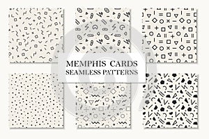 Collection of seamless memphis geometric patterns, cards. Mosaic shapes design. Retro fashion style 80 - 90s.
