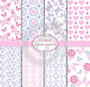 Collection of seamless pattern in blue and pink colors. Endless