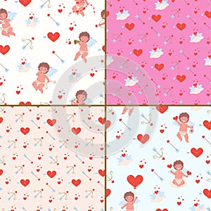 Collection of seamless patternes for Valentines day with cupids