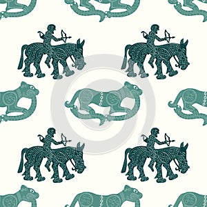 Collection of seamless patterns with ancient Scythian art and animal motifs