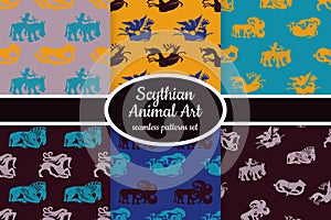 Collection of seamless patterns with ancient Scythian art and animal motifs