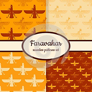 Collection of seamless patterns with ancient sumerian symbol Faravahar