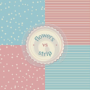 Collection of seamless patterns. Blue and pink flowers and stripes. Pattern for covers, wallpapers, fabric, paper, scrapbooking