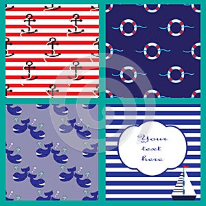 Collection with seamless patterns and card in marine style