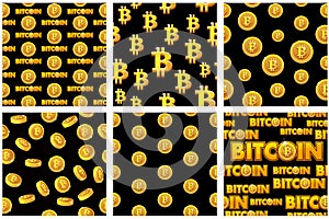 Collection seamless Patterns Gold Bitcoin coins on black background. Digital internet currency