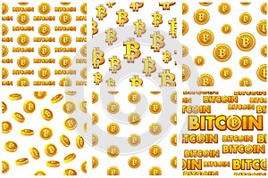 Collection seamless Patterns Gold Bitcoin coins on white background. Digital internet currency