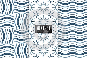 Collection of seamless patterns. Minimalistic style. Blue and white colour.