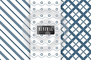 Collection of seamless patterns. Minimalistic style. Blue and white colour.