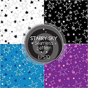 Collection of seamless textures starry sky, constellations, universe. Black and white Gothic backgrounds. Painted night