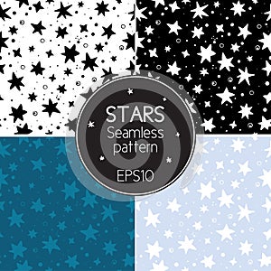 Collection of seamless textures starry sky, constellations, universe. Black and white Gothic backgrounds. Painted night