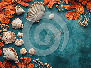 Collection of seashells and seaweed arranged on a blue background for natural coastal decor and design inspiration photo