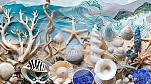 A collection of seashells and starfish on a beach. Sea Star and Shells Ocean Display