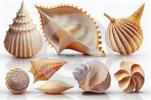 Collection of seashells and starfish isolated on white background