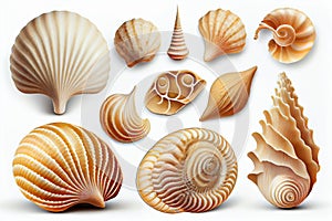 Collection of seashells and starfish isolated on white background