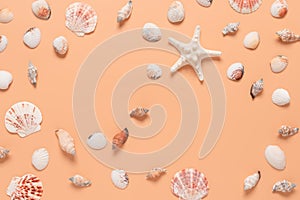 Collection of seashells and starfish on a pastel peach background. Beautiful summer beach composition. Top view, flat lay