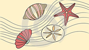 Collection of seashells and starfish on sandy beach, ocean treasures, vector design Generative AI
