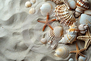 Collection of seashells and starfish on sandy surface, evoking a summer beach crafting theme.. AI generated.
