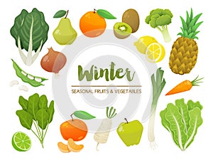 Collection of seasonal fruits and vegetables. Winter time collection. Vector EPS10 illustration.