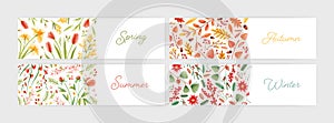 Collection of seasonal horizontal banner templates with season names written with cursive font, flowers and plants