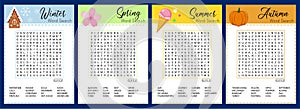 Collection of Seasons word search puzzle. Winter, spring, summer, autumn crossword. Worksheet for learning English