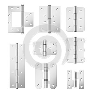 Collection section of steel door hinges vector illustration various metallic mortise equipment