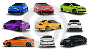 Collection Sedan Vehicles New Car Colorful on white background.