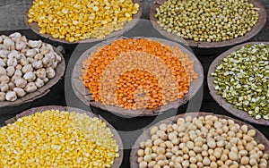 Collection of Seeds Food on Black Wooden Background