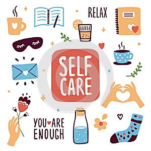 Collection of self care illustrations, relaxing, slow life icons photo