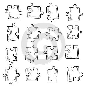 Collection of separate jigsaw puzzle pieces in black isolated on white background. Hand drawn vector sketch illustration in