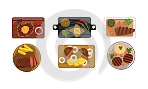 Collection of served food dishes, cooking and healthy eating concept, top view vector Illustration on a white background