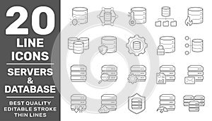 Collection of Servers and Database liner icons. Detailed vector icons. Servers, databases, network devices and cloud computing