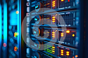 A collection of servers lined up in a computer server room, ready to process and store large amounts of data, An abstract