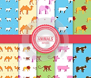 collection set of animal seamless pattern. Lion, monkey, camel, elephant, cow, pig, sheep with label logo concept. Vector illustra