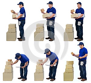 Collection set of asian delivery man working in blue shirt with Waist bag for equipment hand holding parcel and presenting