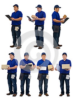 Collection set of asian delivery man working in blue shirt with Waist bag for equipment hand holding parcel and presenting