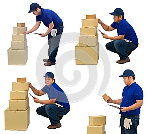 Collection set of asian delivery man working in blue shirt with Waist bag for equipment hand holding parcel and presenting