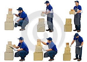 Collection set of asian delivery man working in blue shirt with Waist bag for equipment hand holding parcel and presenting