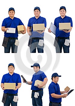 Collection set of asian delivery man working in blue shirt with Waist bag for equipment hand holding parcel and presenting